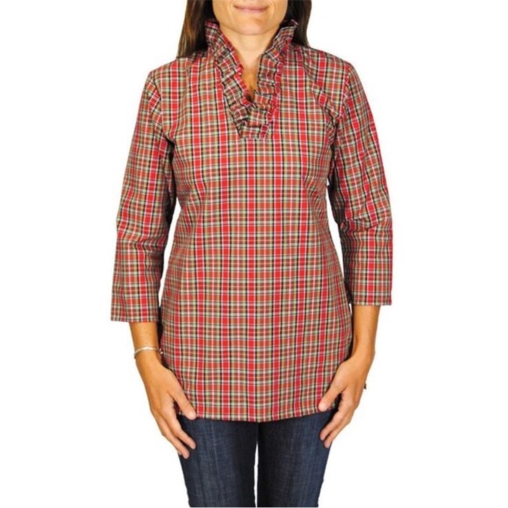 Haley‎ and the Hound Plaid Tartan Ruffle Top Red Parker Tunic Size Small